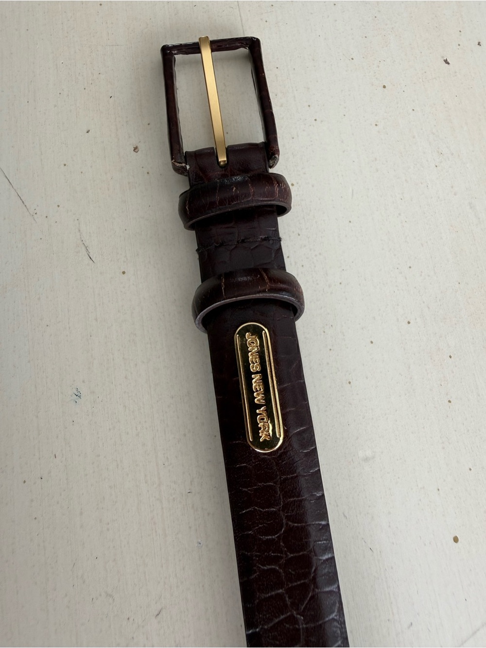 Jones New York Dark Brown Croc-Embossed Leather Belt with Gold Plaque